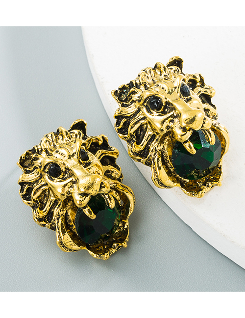 Fashion Green Alloy Inlaid Rhinestone Lion Head Earrings