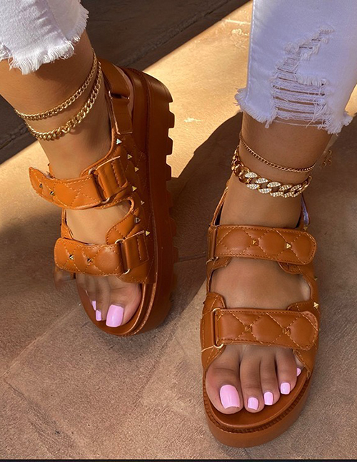 Fashion Light Brown Studded Open Toe Velcro Platform Sandals
