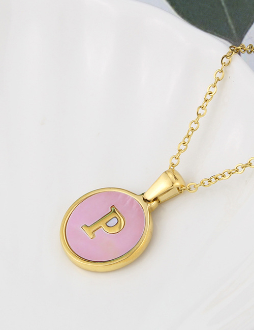 Fashion Pink-p Titanium Steel Round Pink Bottom 26 Letter Necklace