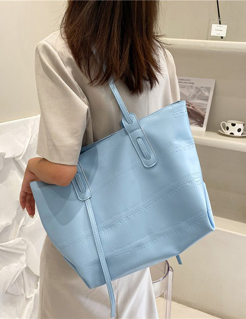 Fashion Lake Blue Large Capacity Checkered Drawstring Shoulder Bag