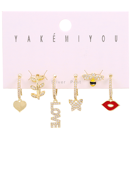 Fashion Color 6-piece Copper Inlaid Zircon Alphabet Butterfly Earrings