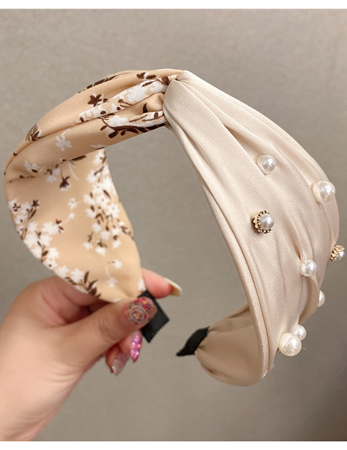 Fashion Half Pearl Beige Broad-brimmed Floral Cross Pearl Headband