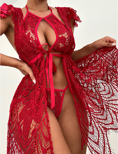 Fashion Red Lace Hollow Halter Neck Lace Two-piece Underwear