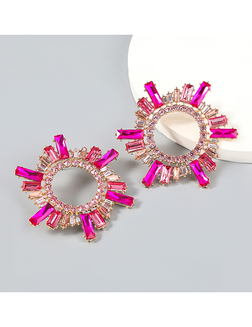 Fashion Rose Red Alloy Diamond-studded Glass Diamond Sun Flower Earrings