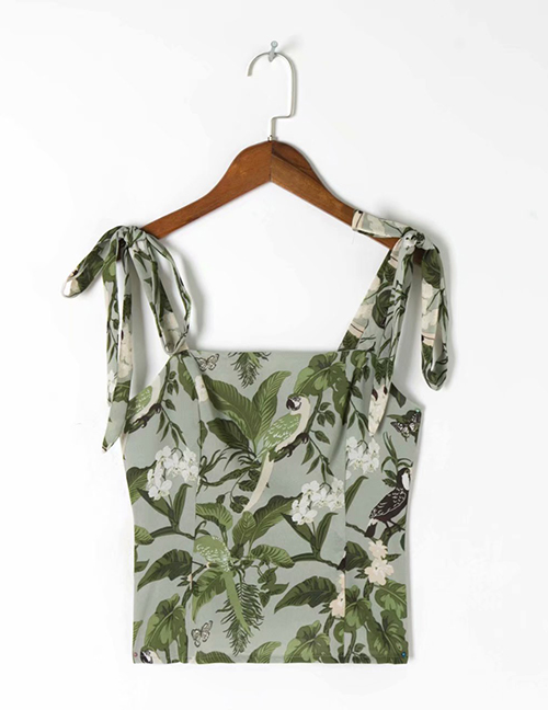 Fashion Green Flower Print Lace Pleated Sling