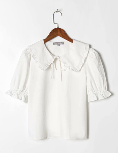 Fashion White Lapel Tie Puff Sleeve Shirt Top