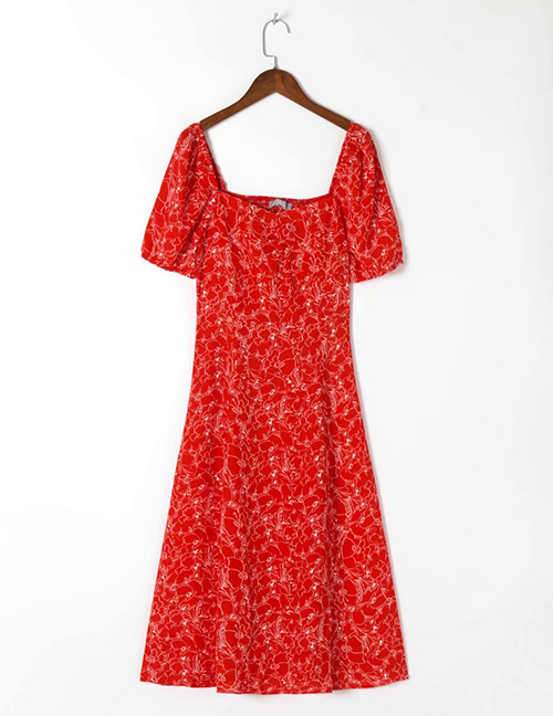 Fashion Red Printed Slit Square Neck Dress