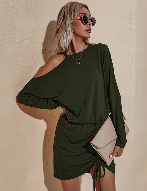 Fashion Army Green Long Sleeve Off-the-shoulder Drawstring Dress