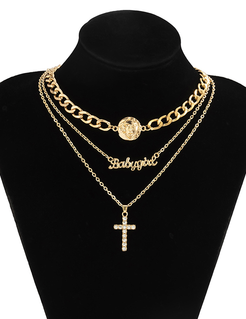 Fashion Golden 1269 Cross Diamond Letter Set Necklace