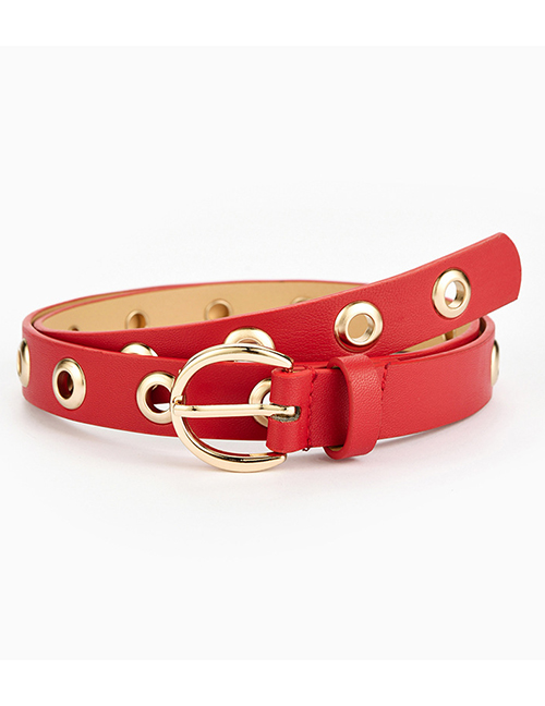 Fashion Red Full Hole Belt Round Buckle Thin Belt