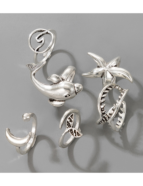 Fashion Silver Color Ocean Dolphin Starfish Moon Fish Tail 6-piece Ring