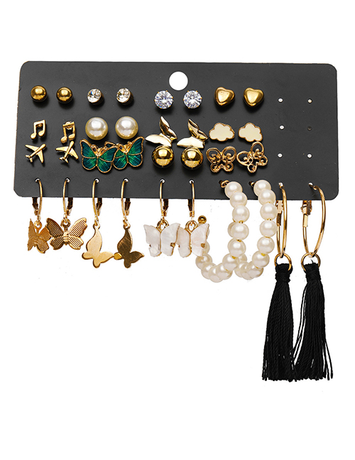 Fashion Gold Color 17-piece Set Of Pearl And Butterfly Airplane Tassel Earrings