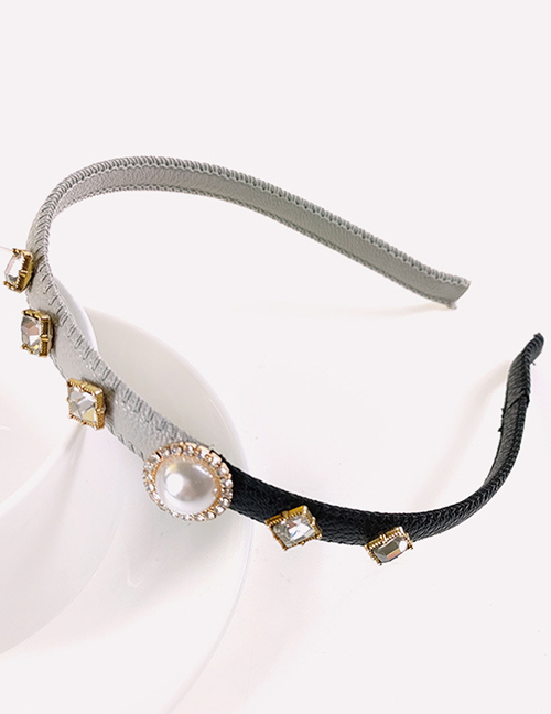 Fashion Black+grey Leather Stitching Pearl Headband
