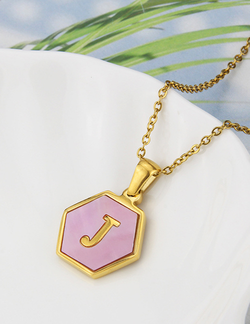 Fashion J Stainless Steel Hexagonal Pink Bottom 26 Letter Necklace
