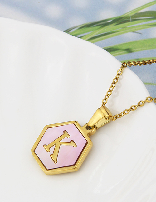 Fashion K Stainless Steel Hexagonal Pink Bottom 26 Letter Necklace