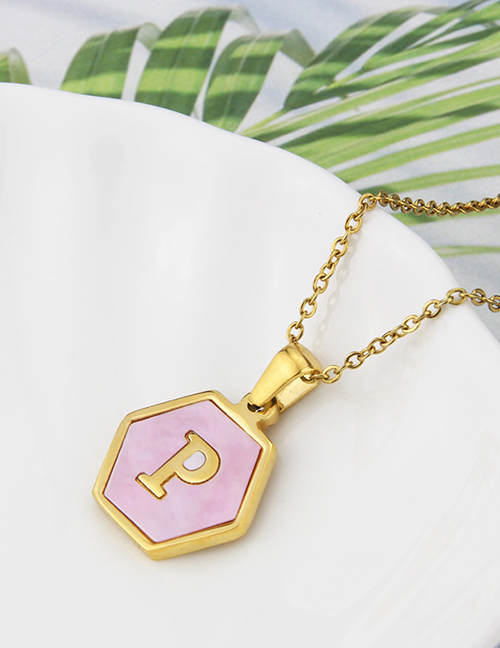 Fashion P Stainless Steel Hexagonal Pink Bottom 26 Letter Necklace