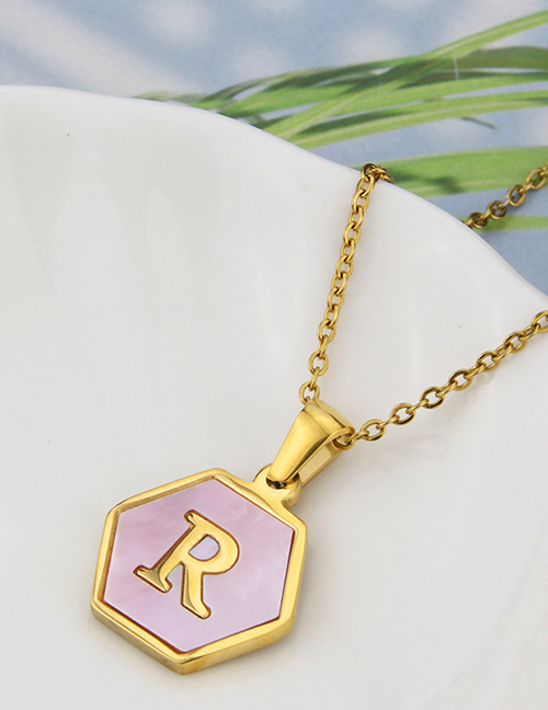 Fashion R Stainless Steel Hexagonal Pink Bottom 26 Letter Necklace