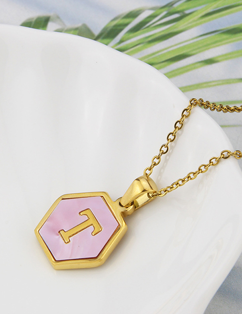 Fashion T Stainless Steel Hexagonal Pink Bottom 26 Letter Necklace