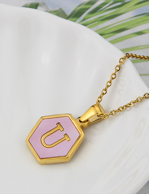 Fashion U Stainless Steel Hexagonal Pink Bottom 26 Letter Necklace