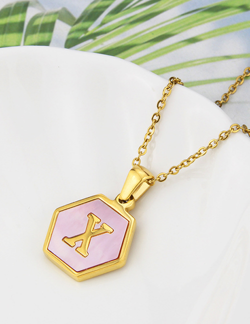 Fashion X Stainless Steel Hexagonal Pink Bottom 26 Letter Necklace