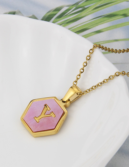 Fashion Y Stainless Steel Hexagonal Pink Bottom 26 Letter Necklace