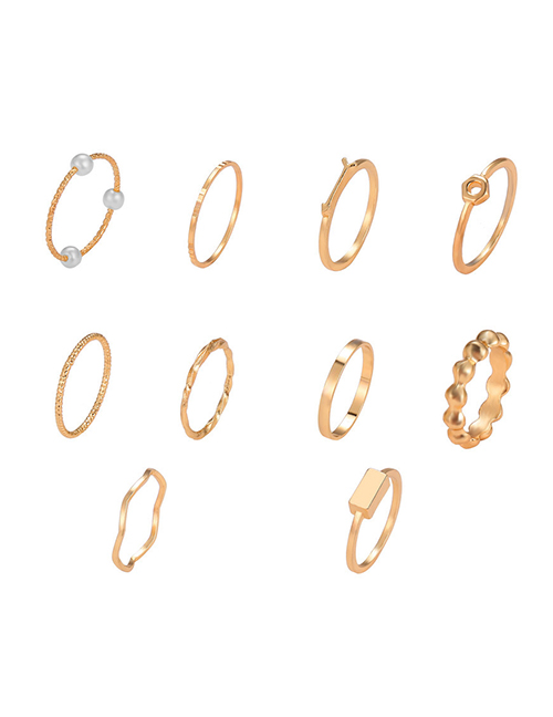 Fashion Gold Color 10-piece Alloy Geometric Round Pearl Open Ring