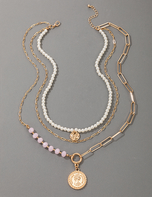 Fashion Gold Color Pink Pearl Beauty Head Pearl Chain Multilayer Necklace