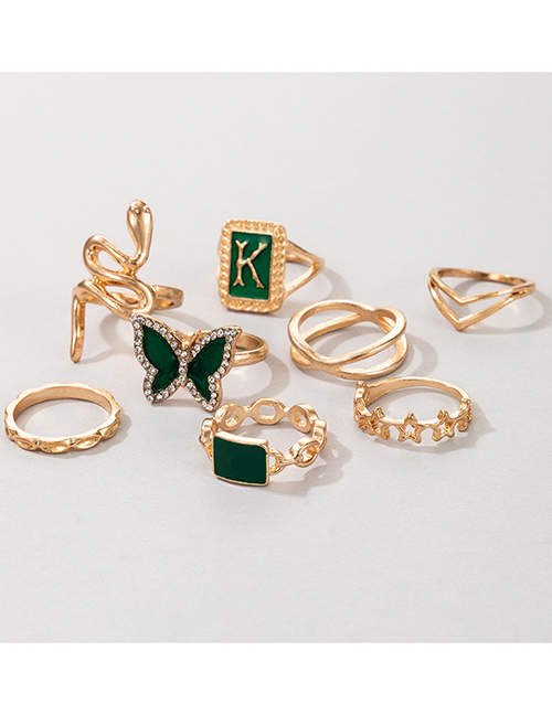 Fashion Gold Color Gold K Letter Snake-shaped Butterfly Five-pointed Star Ring Set Of 8