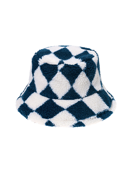 Fashion Navy Diamond Check Lamb Wool Fisherman Hat