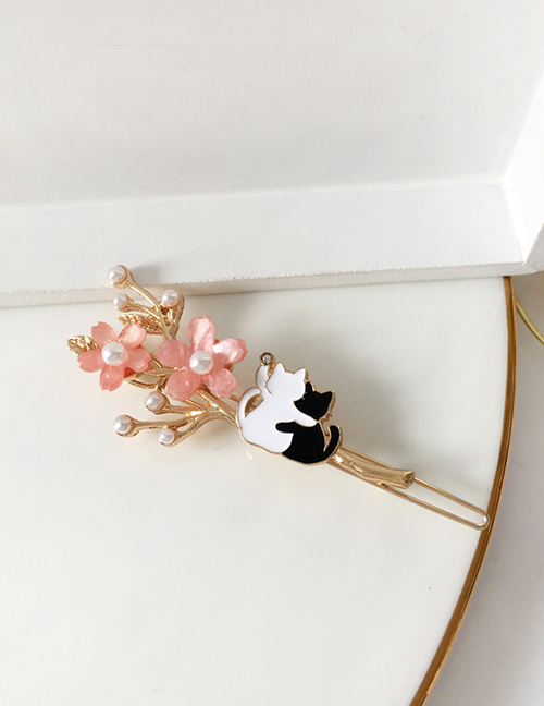 Fashion Pink Flower Kitty Pearl Hairpin