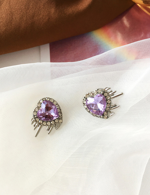 Fashion A Pair Of Love Ear Studs Purple Diamond Heart Stud Earrings
