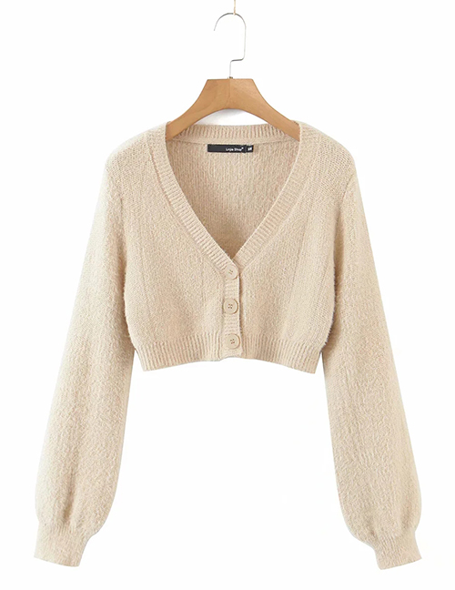 Fashion Cream Color Three Buttons V-neck Knitted Cardigan