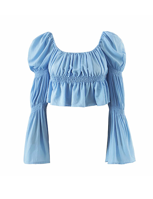 Fashion Blue Pleated Waist Long-sleeved Top