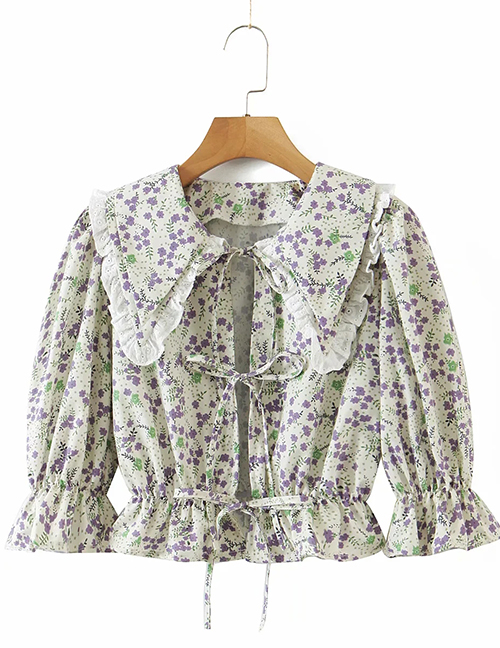 Fashion Color Printed Lace-up Hollow Doll Collar Shirt
