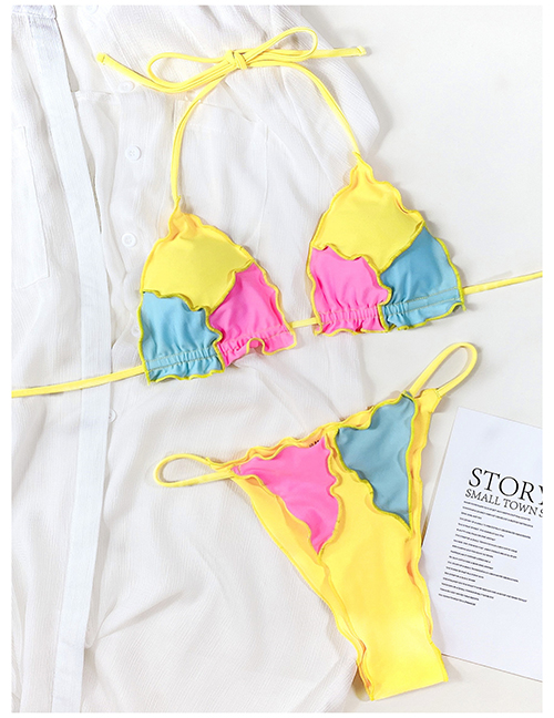 Fashion Yellow Lace-up Stitching Split Swimsuit