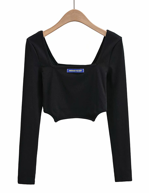 Fashion Black Long Sleeve Top With Square Neck Trapezoid Hem