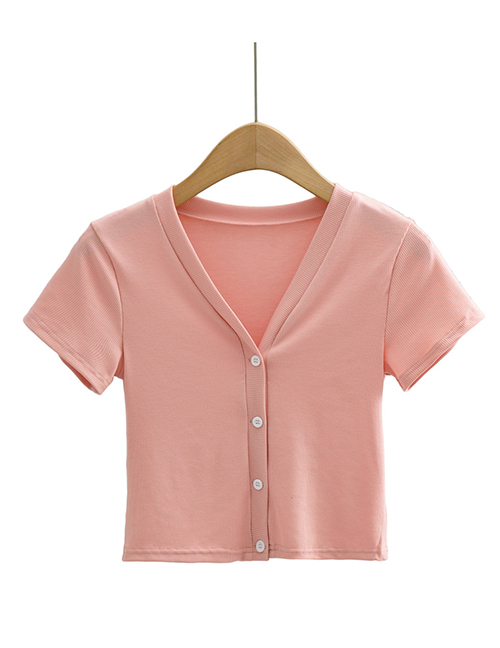 Fashion Pink Solid Color Four Button V-neck Short-sleeved Top
