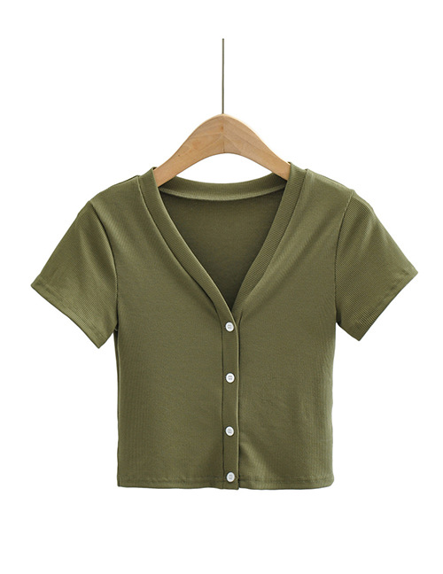 Fashion Army Green Solid Color Four Button V-neck Short-sleeved Top