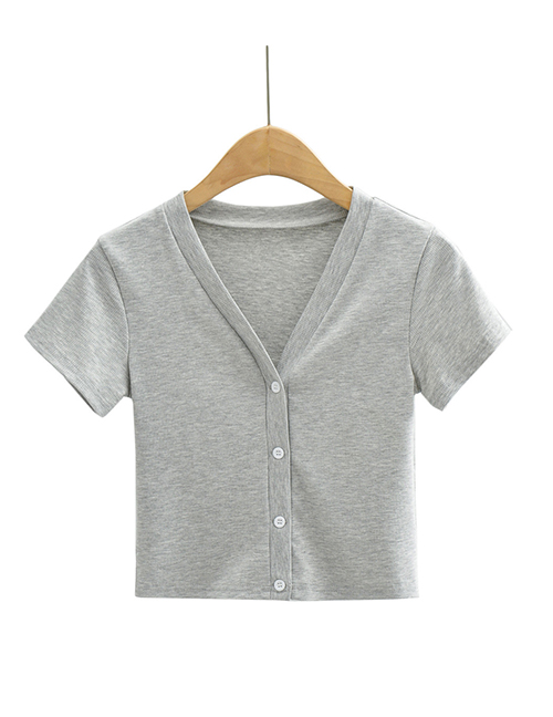 Fashion Light Gray Solid Color Four Button V-neck Short-sleeved Top