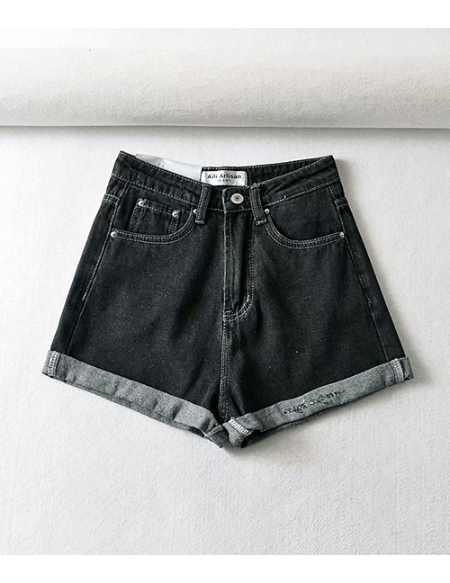 Fashion Black Letter Embroidered Washed Denim Shorts
