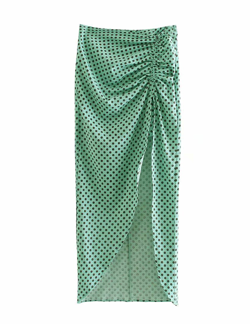 Fashion Green Linen Polka Dot Pleated Skirt