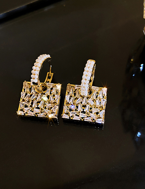 Fashion Golden Square Earrings With Pearls And Diamonds
