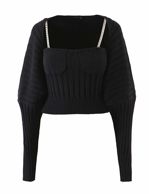Fashion Black Two-piece Chain Sling Knitted Cardigan