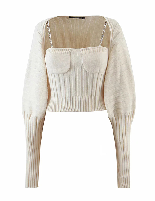 Fashion Creamy-white Two-piece Chain Sling Knitted Cardigan