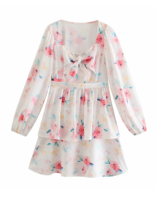 Fashion Color Printed Puff Sleeve Chest Knot Dress