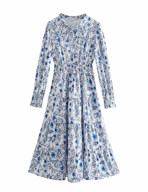 Fashion Blue Printed Long-sleeved Dress With Big Swing