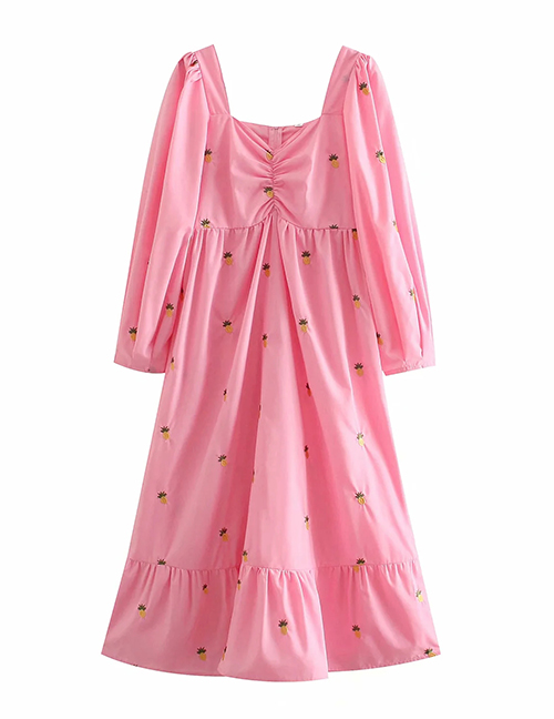 Fashion Pink Pineapple Embroidered Long Sleeve Dress