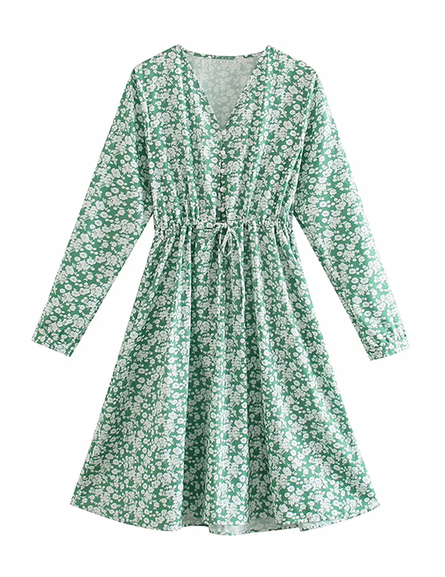 Fashion Green V-neck Long Sleeve Printed Dress