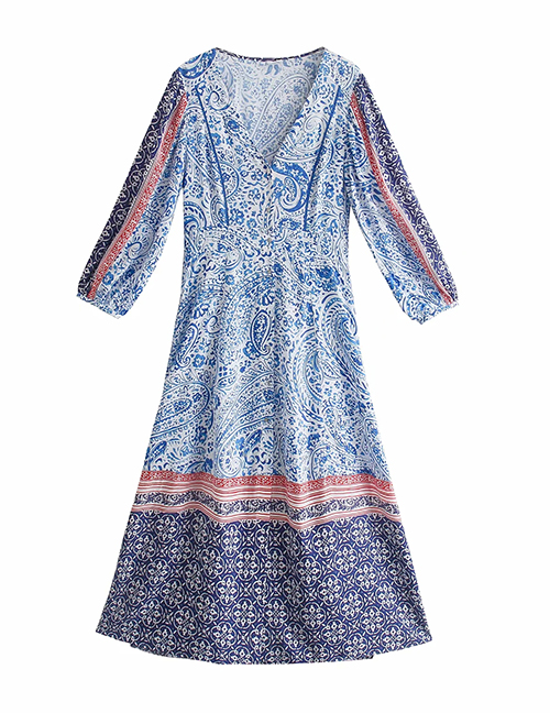 Fashion Blue Printed V-neck Gown Dress