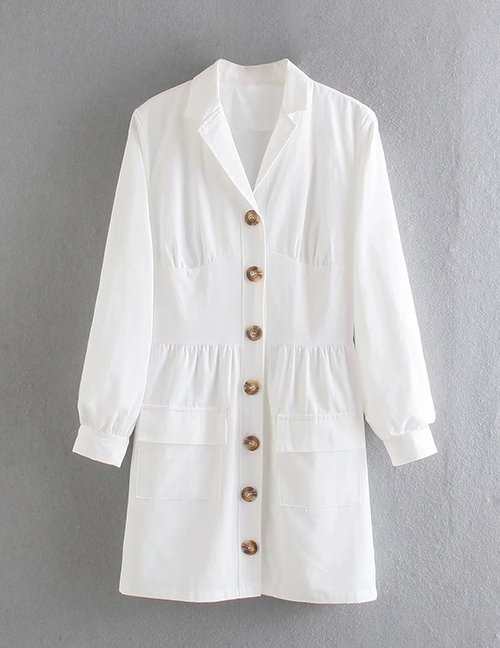 Fashion White One-row Buckle Pocket Dress